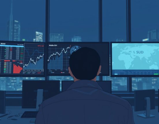 Trader monitoring US Dollar surge and forex charts amid Iran tensions market volatility.