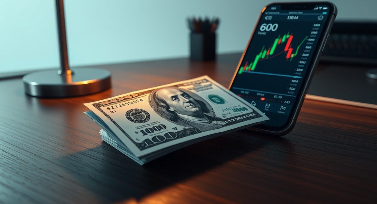 US Dollar banknote and smartphone displaying financial chart on a desk, representing forex market strength