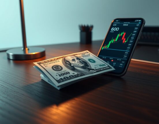 US Dollar banknote and smartphone displaying financial chart on a desk, representing forex market strength