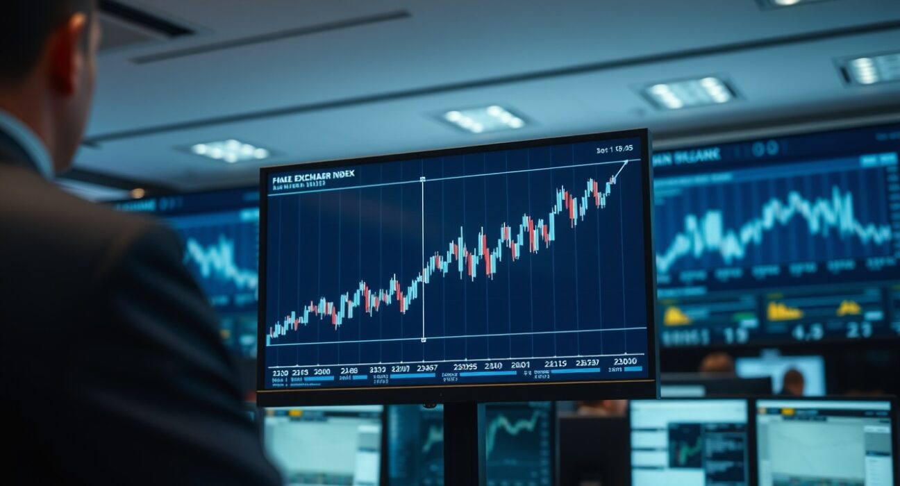 Digital screen showing US Dollar index chart with upward trend in a professional trading office.