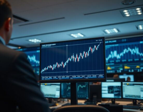 Digital screen showing US Dollar index chart with upward trend in a professional trading office.