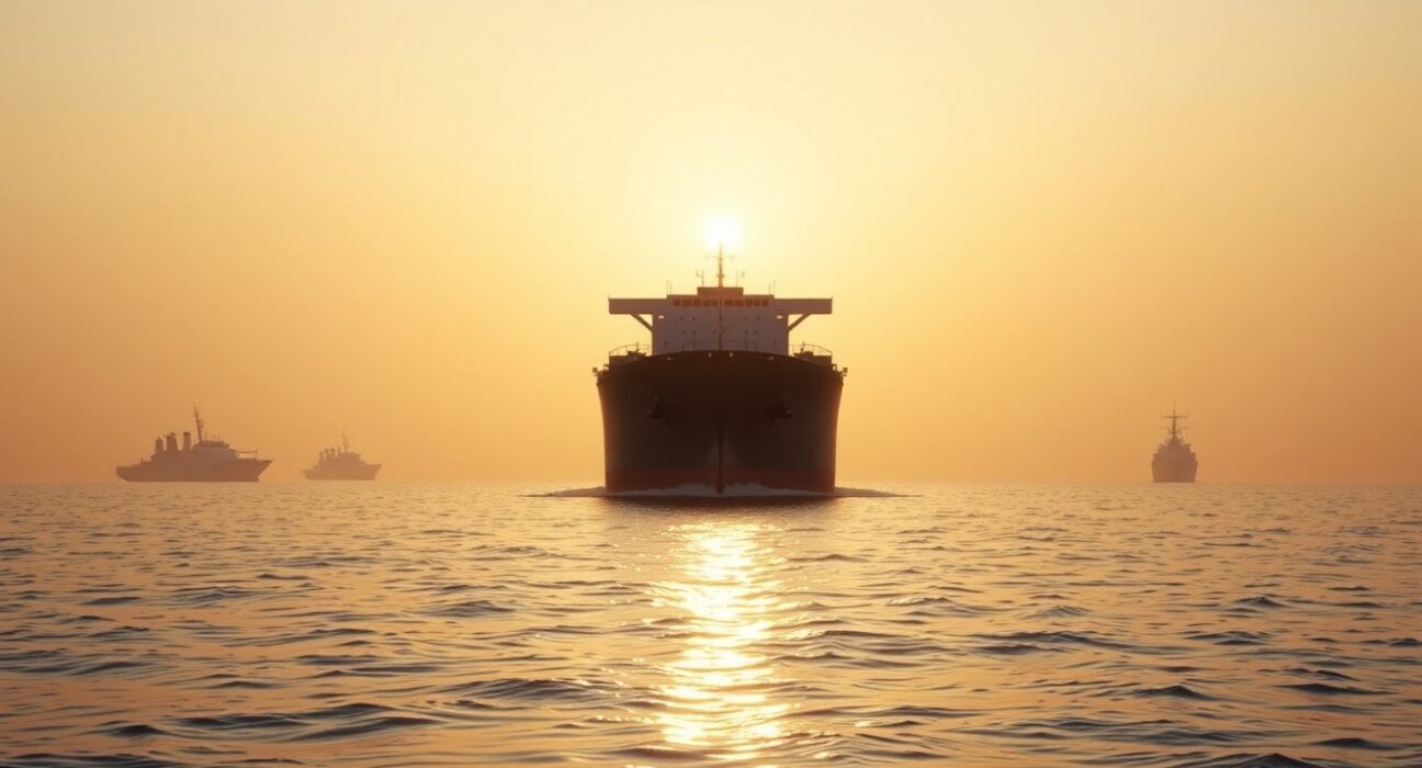 Large oil tanker navigating the Strait of Hormuz under a tense, overcast sky