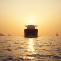 Large oil tanker navigating the Strait of Hormuz under a tense, overcast sky