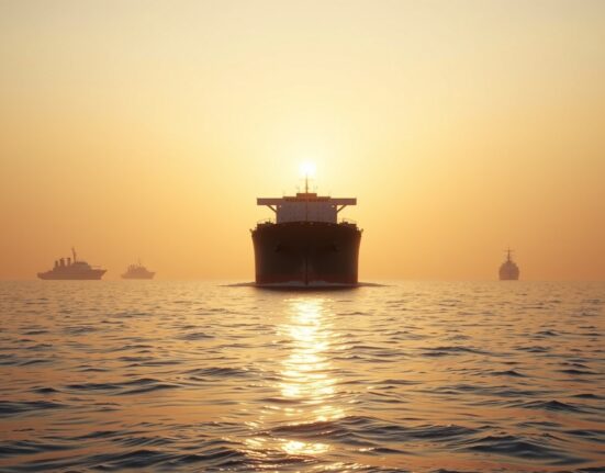 Large oil tanker navigating the Strait of Hormuz under a tense, overcast sky