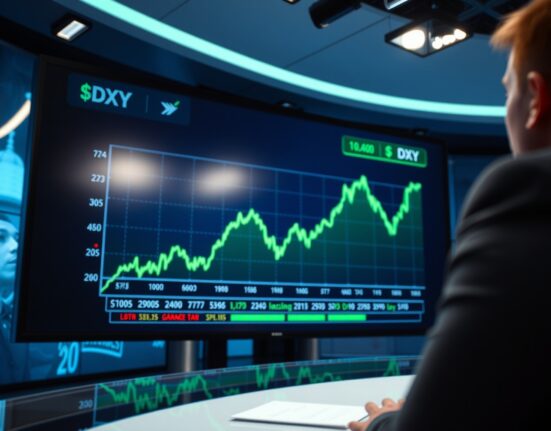 Forex chart showing US Dollar index rising after hot US inflation data release.