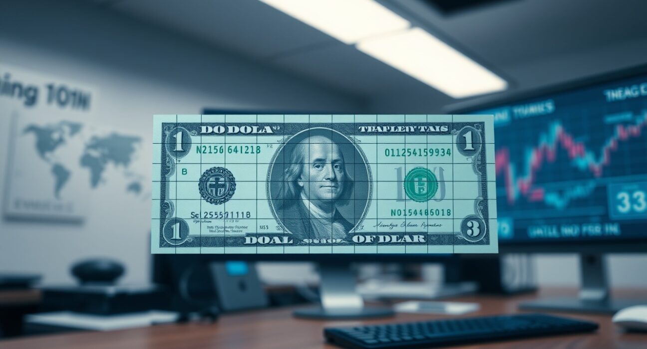 Close-up of a US dollar bill with a faint tariff grid overlay, representing trade policy and inflation pressure.