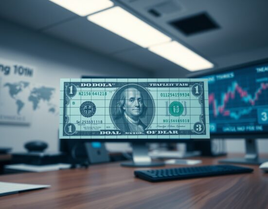 Close-up of a US dollar bill with a faint tariff grid overlay, representing trade policy and inflation pressure.