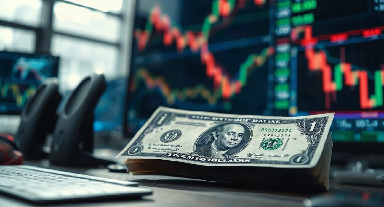 US Dollar banknote with a stock market chart on a screen in the background