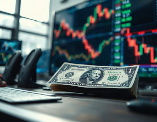 US Dollar banknote with a stock market chart on a screen in the background