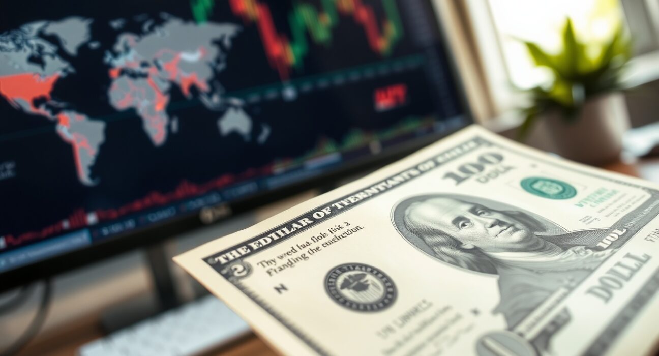 US Dollar banknote in focus with blurred financial charts in background