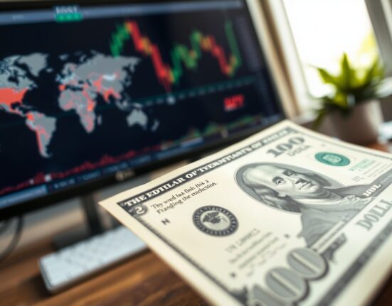 US Dollar banknote in focus with blurred financial charts in background