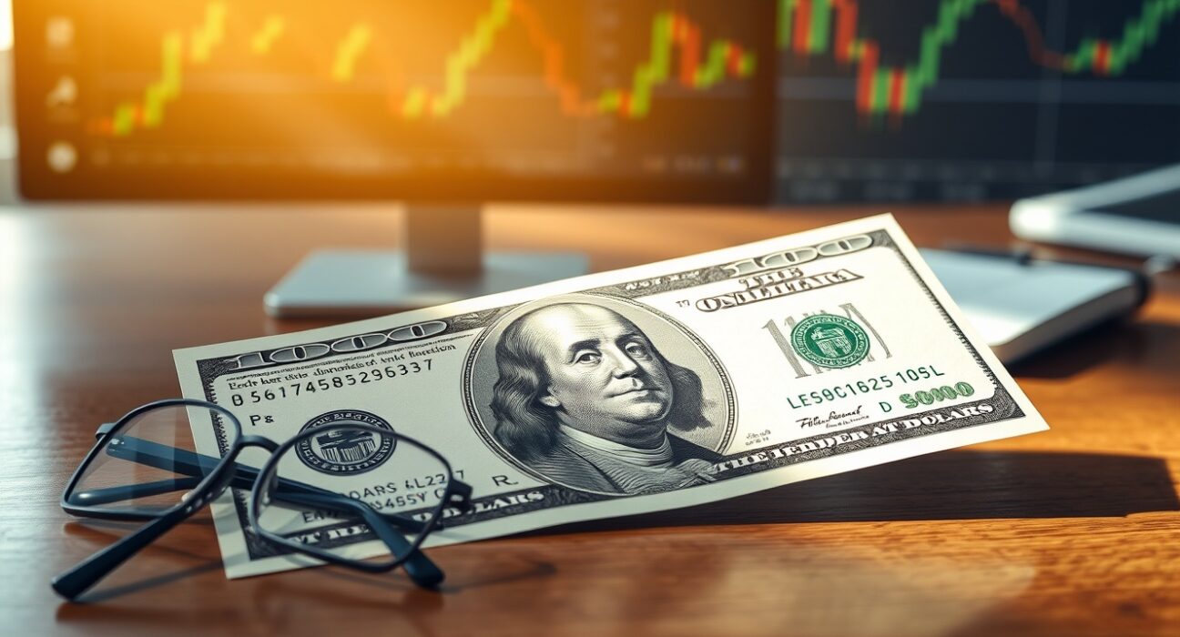 US Dollar banknote on a desk with financial charts in the background