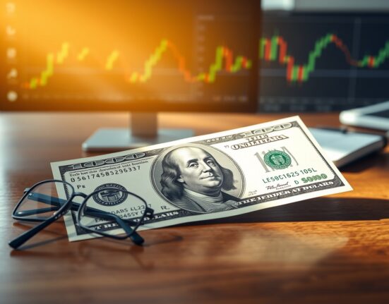 US Dollar banknote on a desk with financial charts in the background