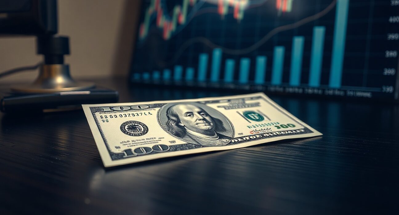 US dollar banknote with financial charts in background, representing MUFG's currency analysis