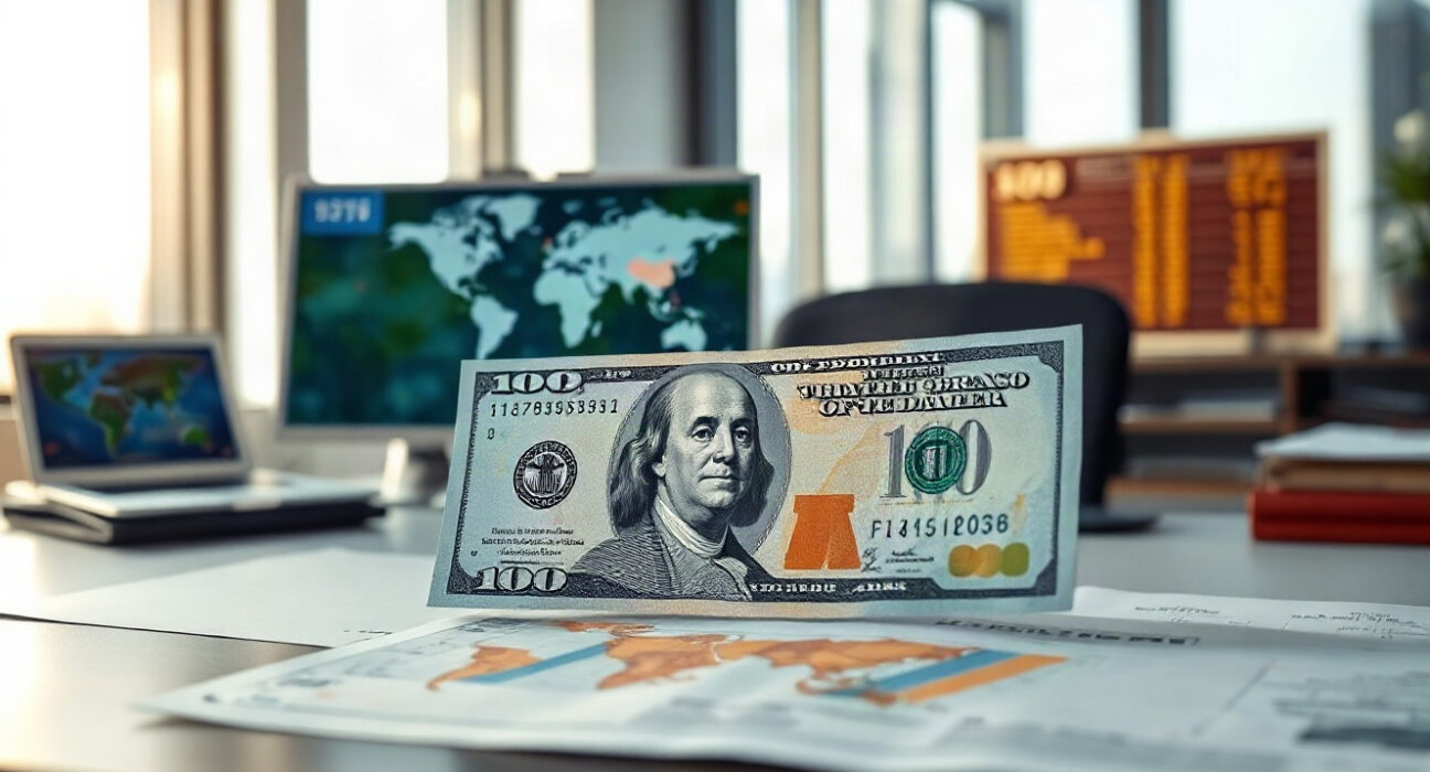 US dollar banknote and currency chart on a desk in a financial newsroom setting