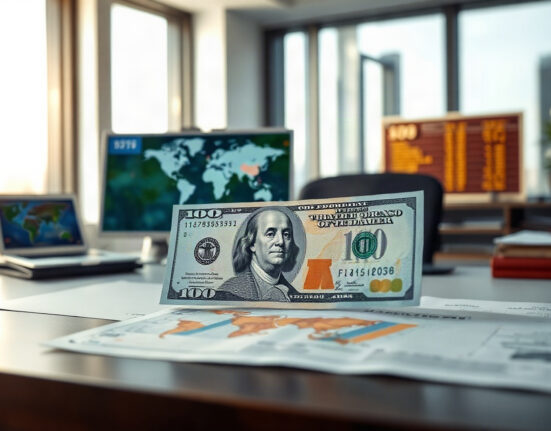 US dollar banknote and currency chart on a desk in a financial newsroom setting