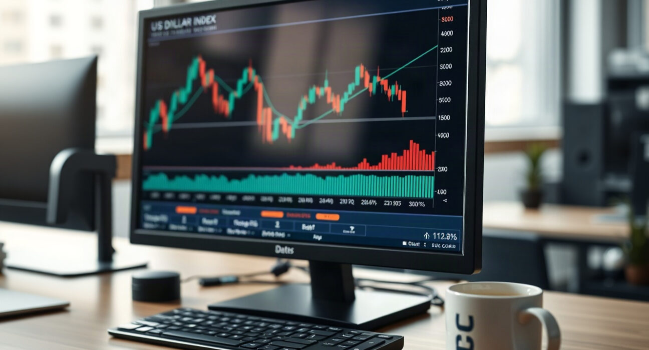Trading screen showing US dollar and Treasury yield charts in a professional office setting