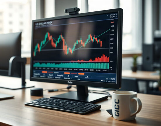 Trading screen showing US dollar and Treasury yield charts in a professional office setting