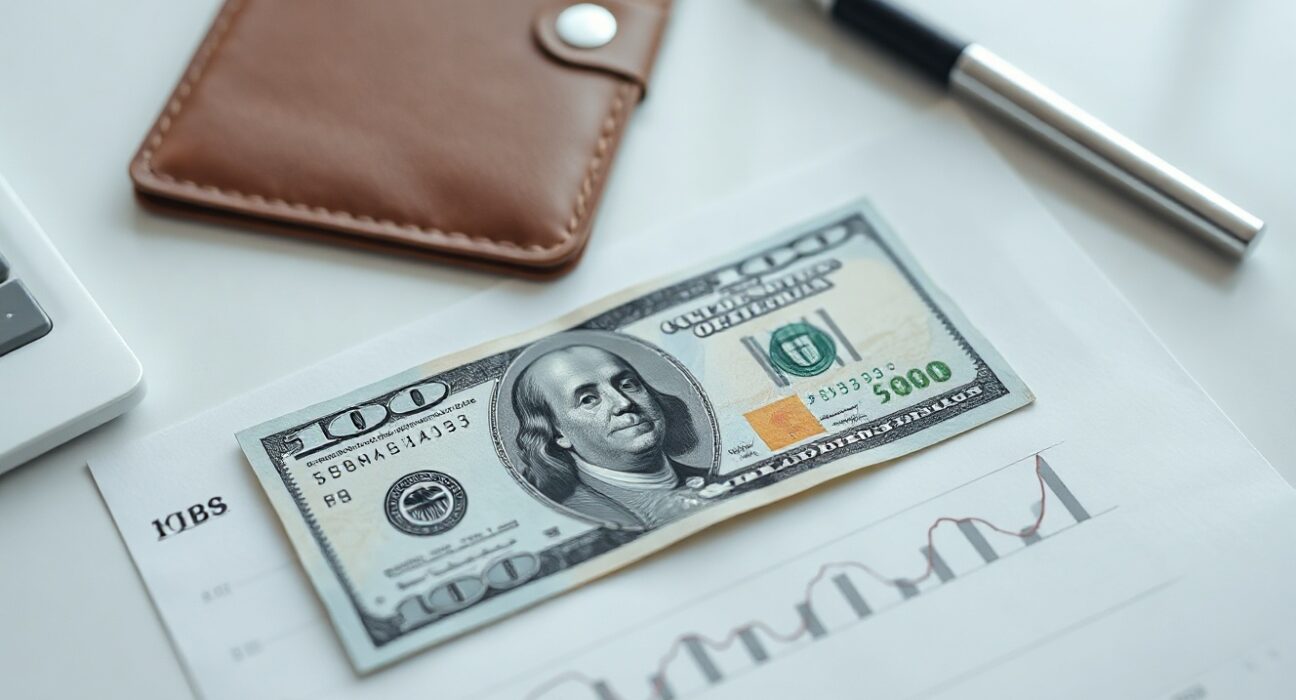 US Dollar banknote and jobs report chart on an analyst desk