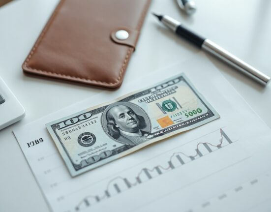 US Dollar banknote and jobs report chart on an analyst desk