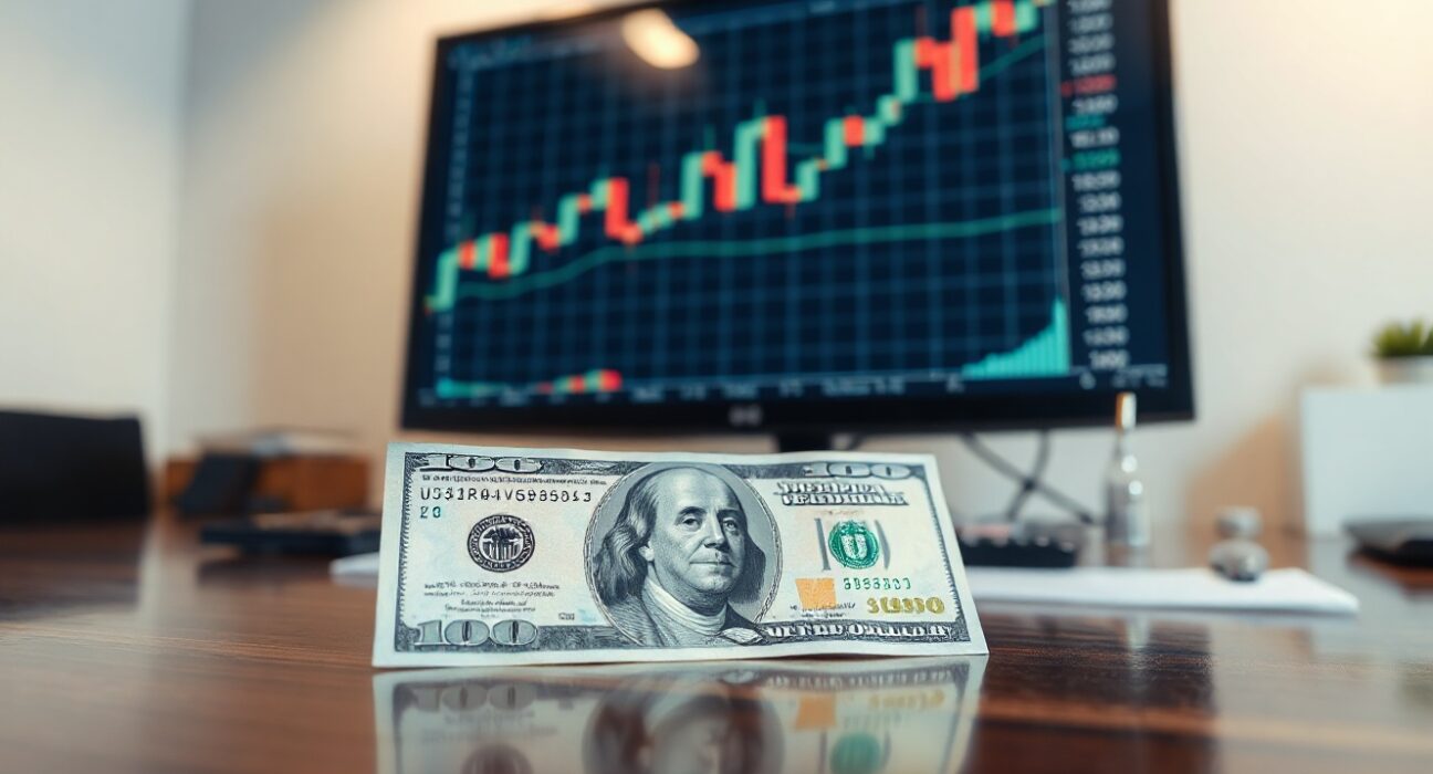 US dollar banknote on desk with financial chart showing upward trend in background