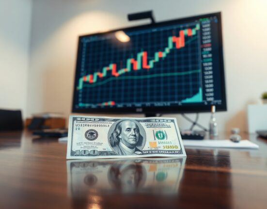 US dollar banknote on desk with financial chart showing upward trend in background