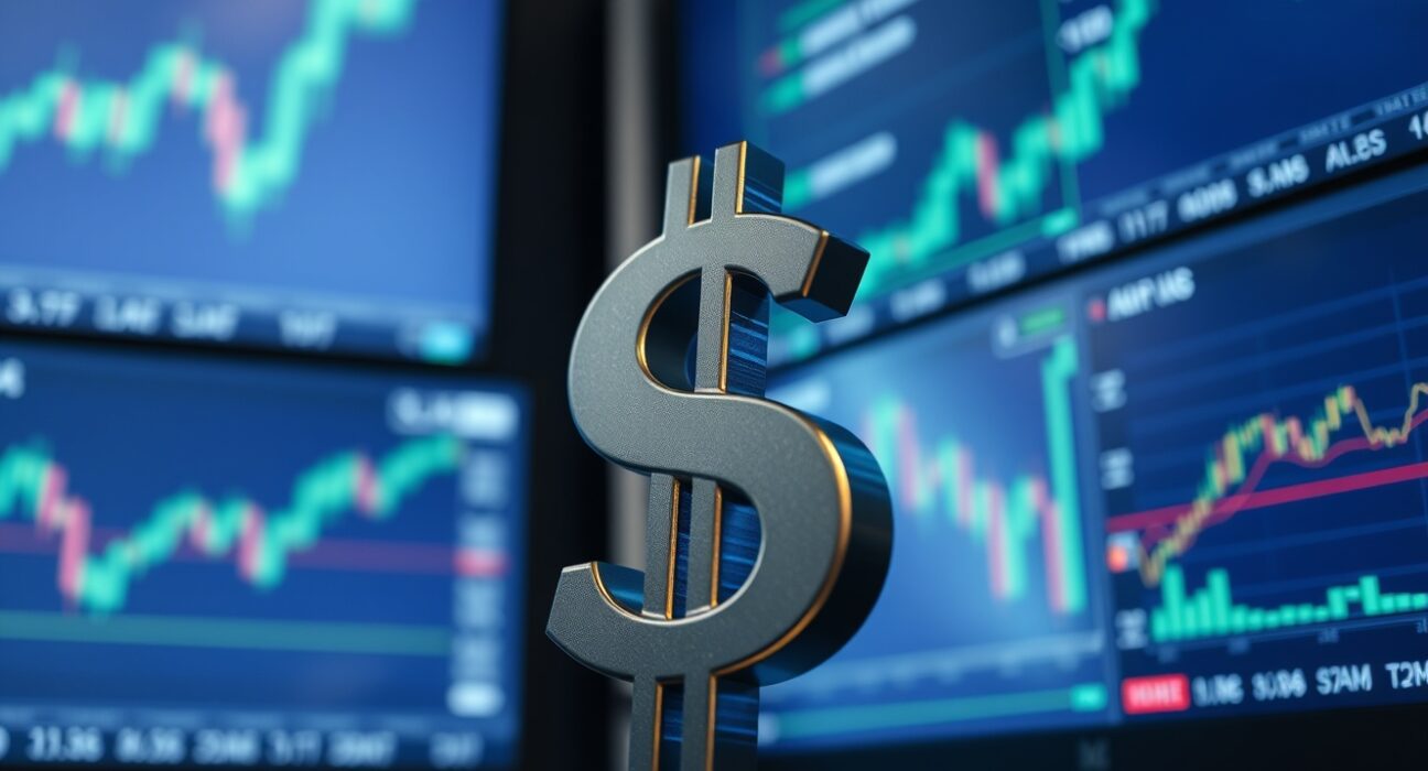 US Dollar symbol against blurred financial market charts and data monitors