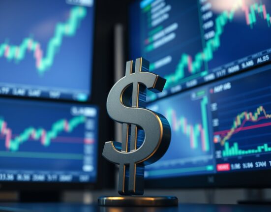 US Dollar symbol against blurred financial market charts and data monitors
