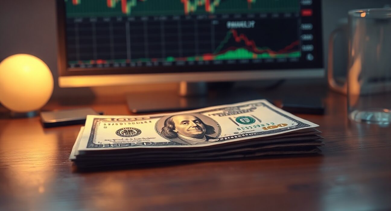 US dollar banknote on desk with financial charts in background