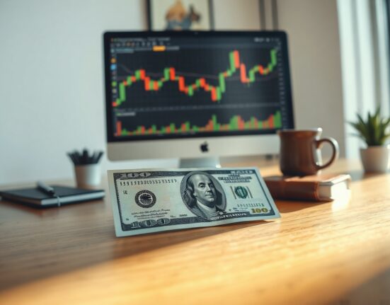 US dollar bill on a desk with a forex chart in the background, representing forex market analysis and Federal Reserve policy.