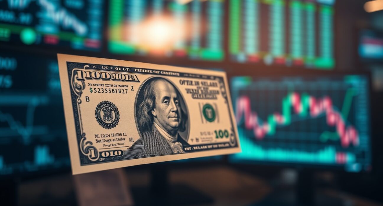 US dollar bill and forex trading chart in a financial newsroom setting