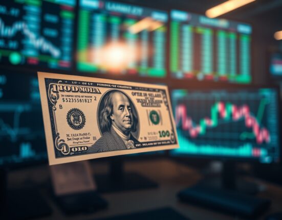 US dollar bill and forex trading chart in a financial newsroom setting