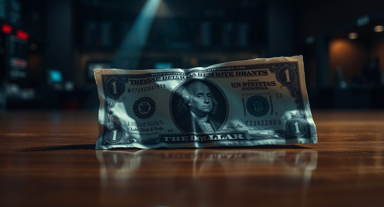 A US dollar bill in dim lighting, symbolizing currency vulnerability amid Fed policy.