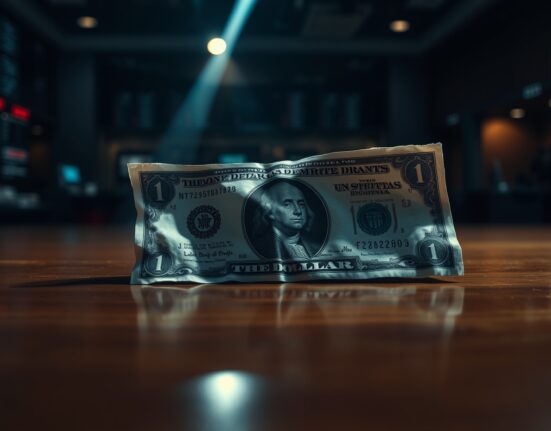 A US dollar bill in dim lighting, symbolizing currency vulnerability amid Fed policy.