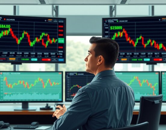 Financial analyst examines US dollar currency charts showing vulnerable slide amid geopolitical developments