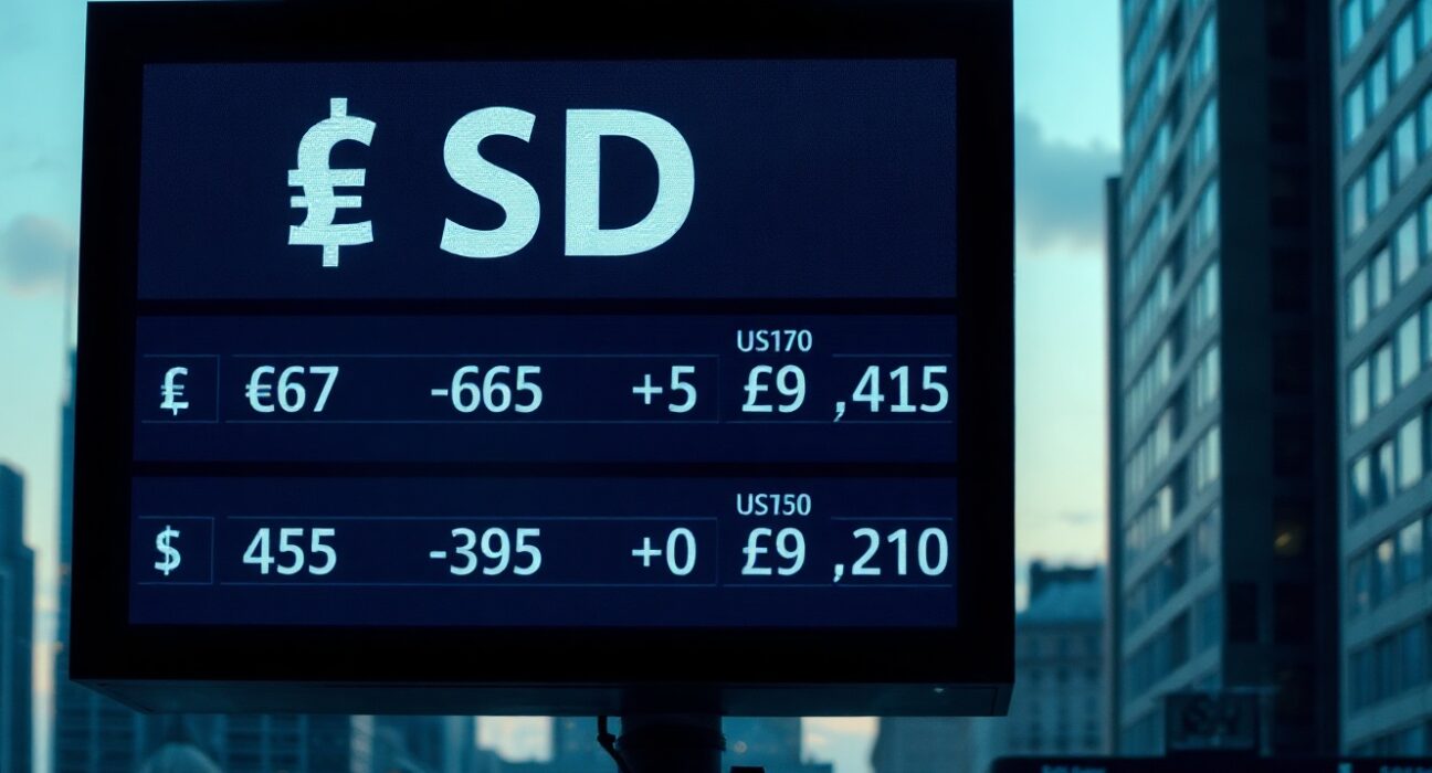 A financial board displaying the US dollar symbol in a modern trading floor setting.