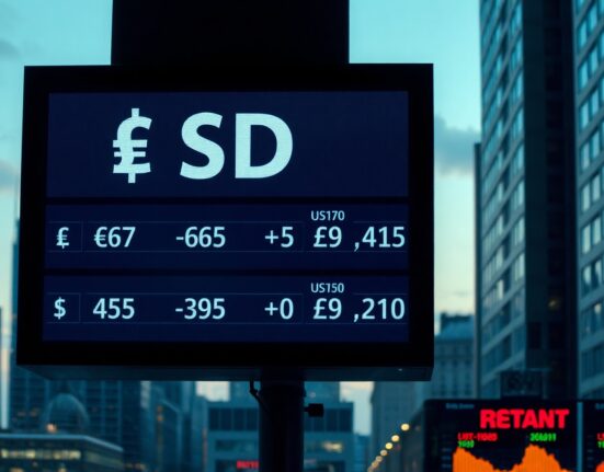 A financial board displaying the US dollar symbol in a modern trading floor setting.
