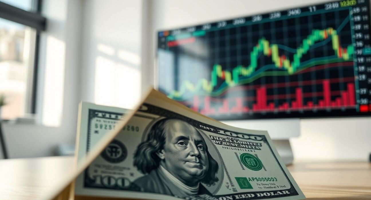 Close-up of a US Dollar bill with a blurred financial chart in the background representing forex market analysis.