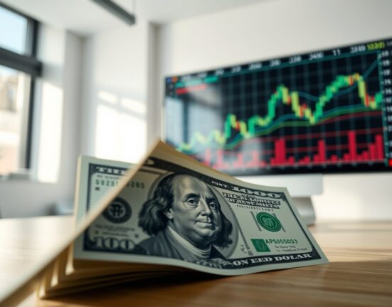 Close-up of a US Dollar bill with a blurred financial chart in the background representing forex market analysis.