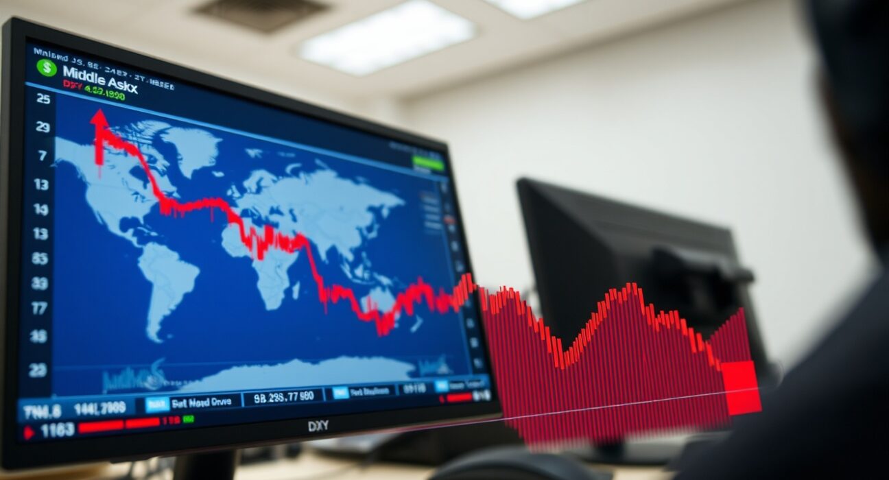 U.S. Dollar Index chart declining as mediators work on Iran ceasefire, impacting global currency markets.