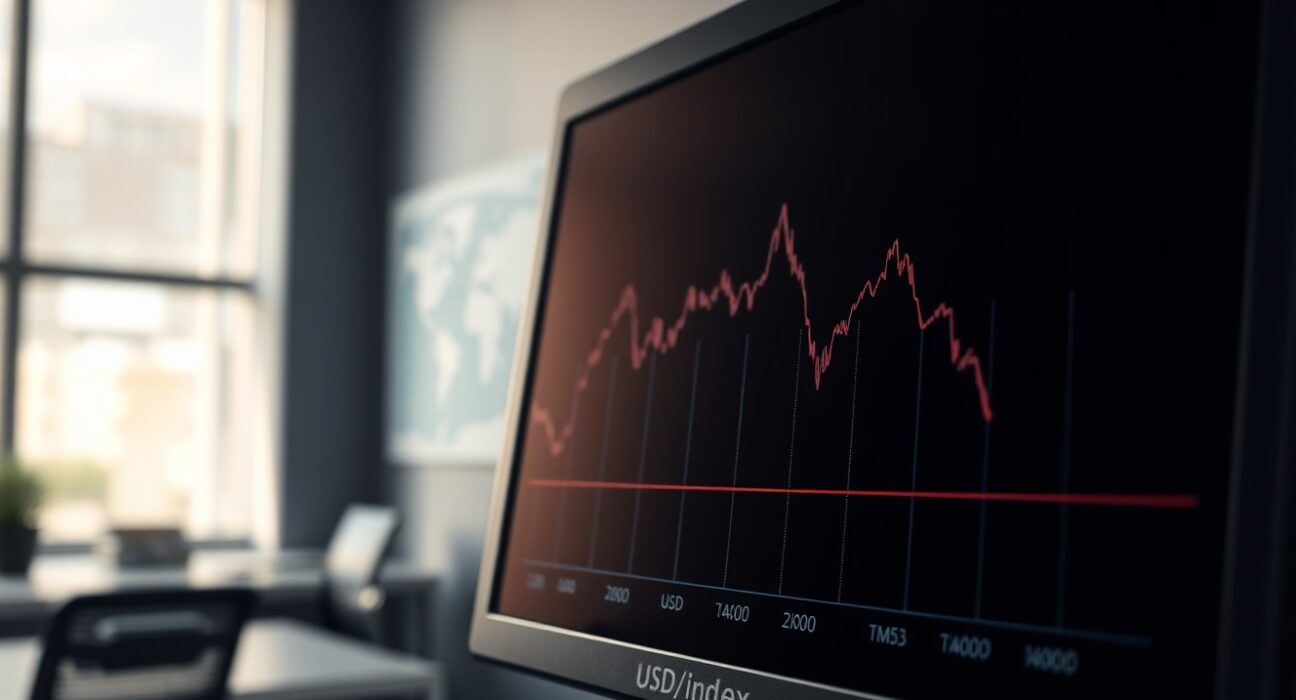 Analysis of U.S. dollar weakening on a trading screen amid Iran conflict diplomacy.