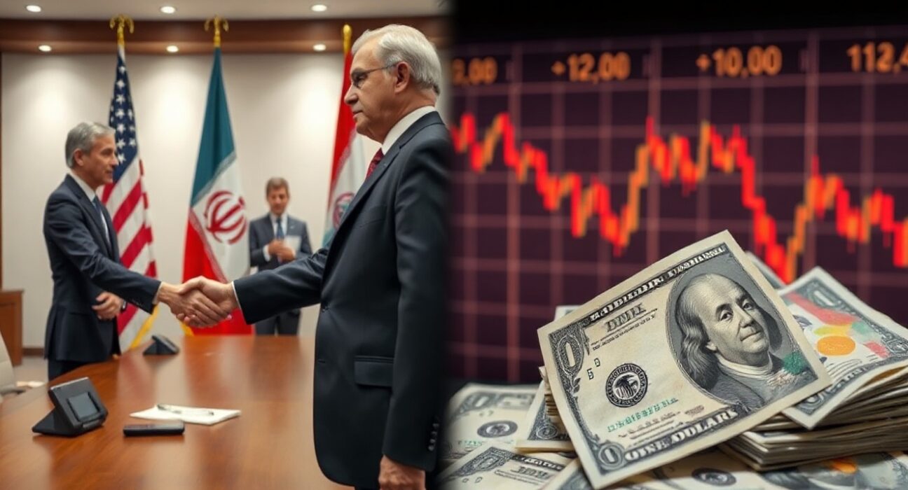 US dollar banknotes and forex chart with diplomatic handshake representing US-Iran peace deal