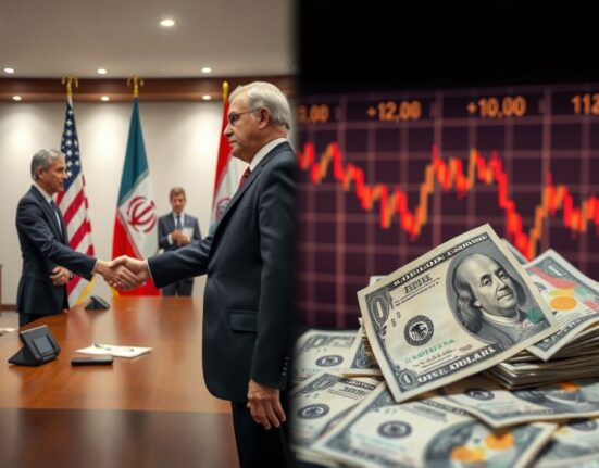 US dollar banknotes and forex chart with diplomatic handshake representing US-Iran peace deal