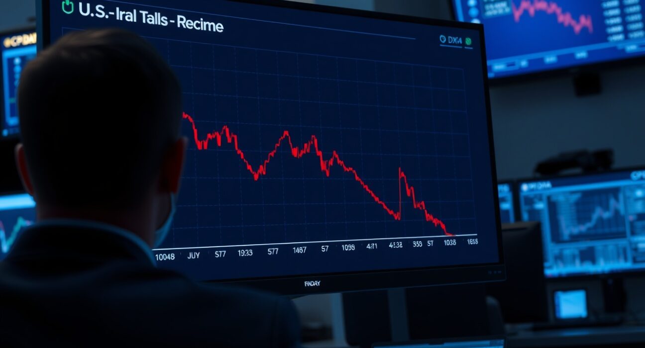 Trading desk monitor shows U.S. Dollar Index falling amid U.S.-Iran talks and CPI data news.