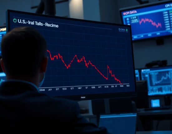 Trading desk monitor shows U.S. Dollar Index falling amid U.S.-Iran talks and CPI data news.