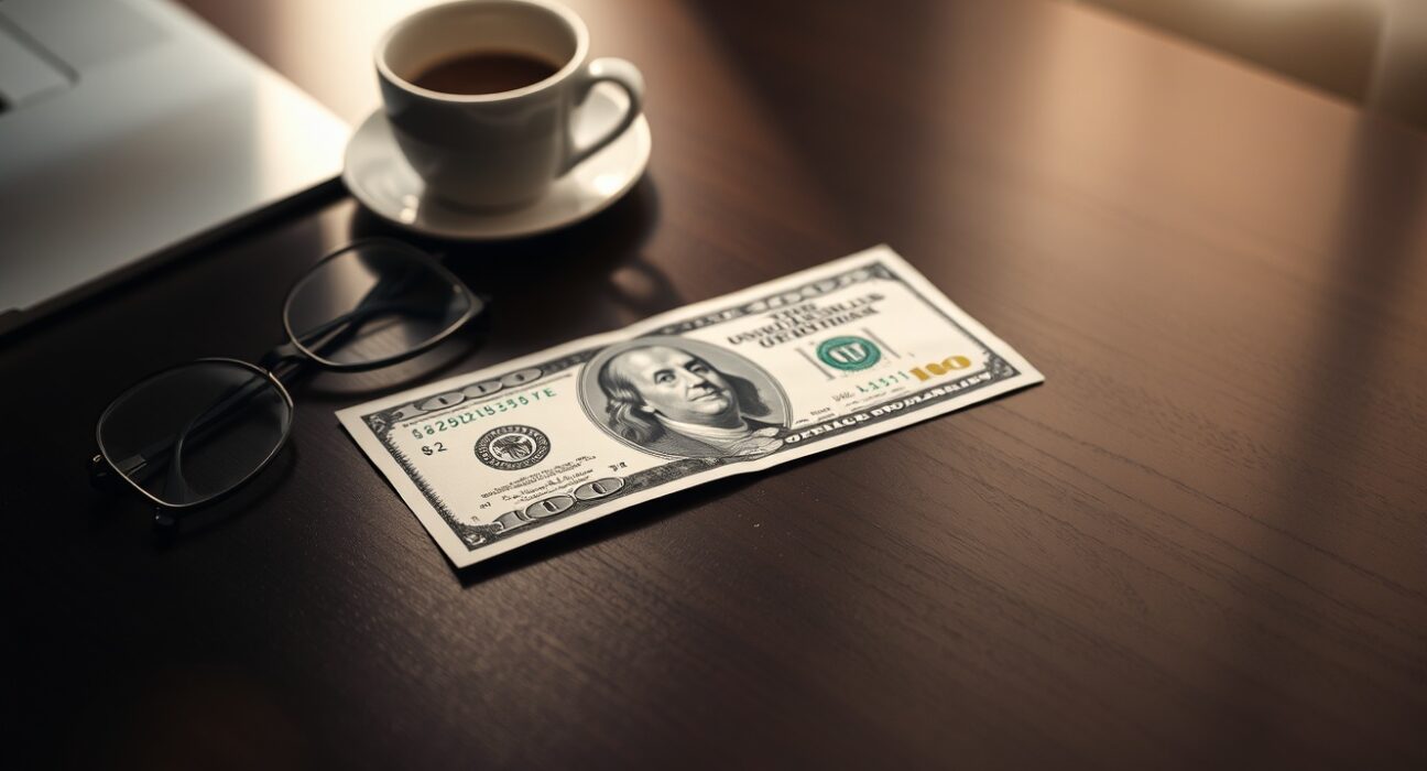 US Dollar banknote on a desk with reading glasses and coffee, representing forex market analysis.