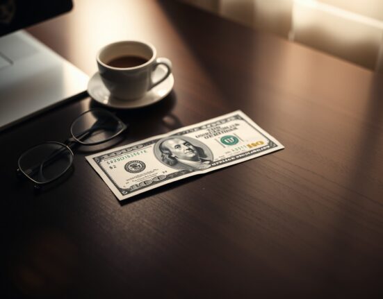 US Dollar banknote on a desk with reading glasses and coffee, representing forex market analysis.