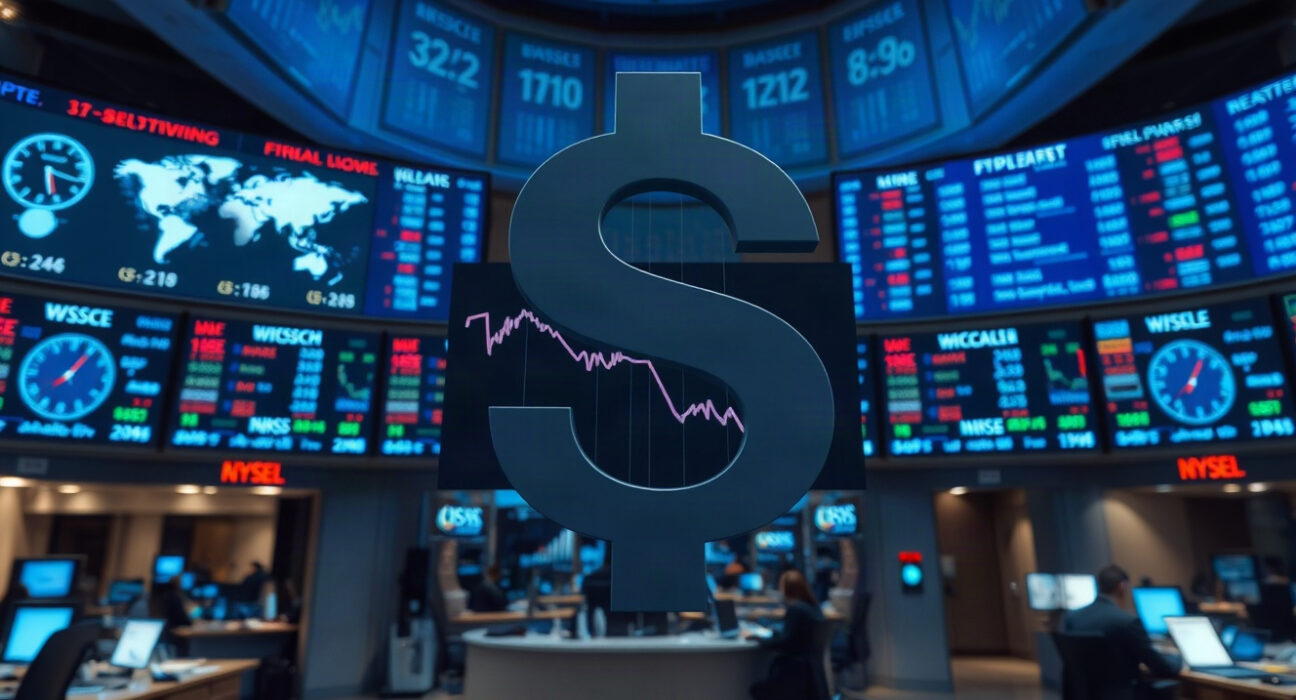 US dollar weakness chart on trading floor screen with global currency markets