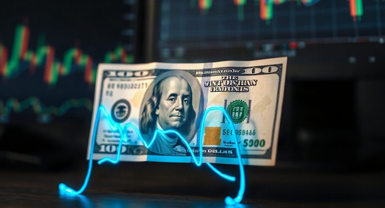 US dollar banknote with a glowing bond yield chart line in the background