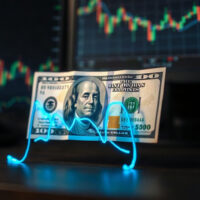 US dollar banknote with a glowing bond yield chart line in the background
